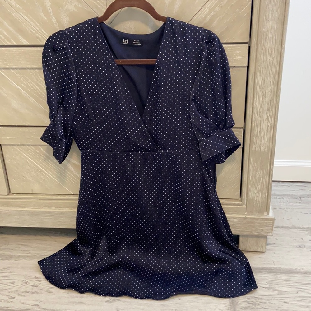 Medium navy blue and white polka dot short silk dress
